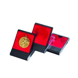 Klarsicht-Etui mit rotem Polster für Medaillen.