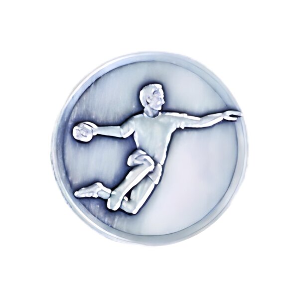 Ansicht 3D Zinn-Emblem Handball "Im Sprung" bei Pokale Meier