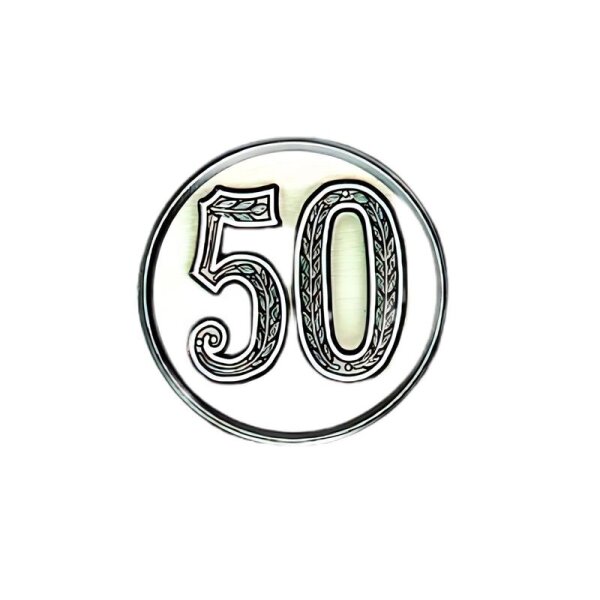 Ansicht 3D Zinn-Emblem Zahl 50 bei Pokale Meier